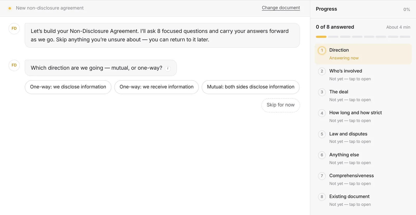 FD AI's NDA screen: the first question asks whether the NDA is mutual or one-way, with a progress panel listing eight steps