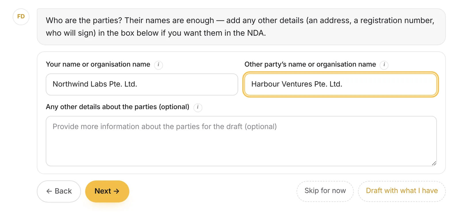 FD AI asks for each party's name, with an optional box for addresses, registration numbers and signatories