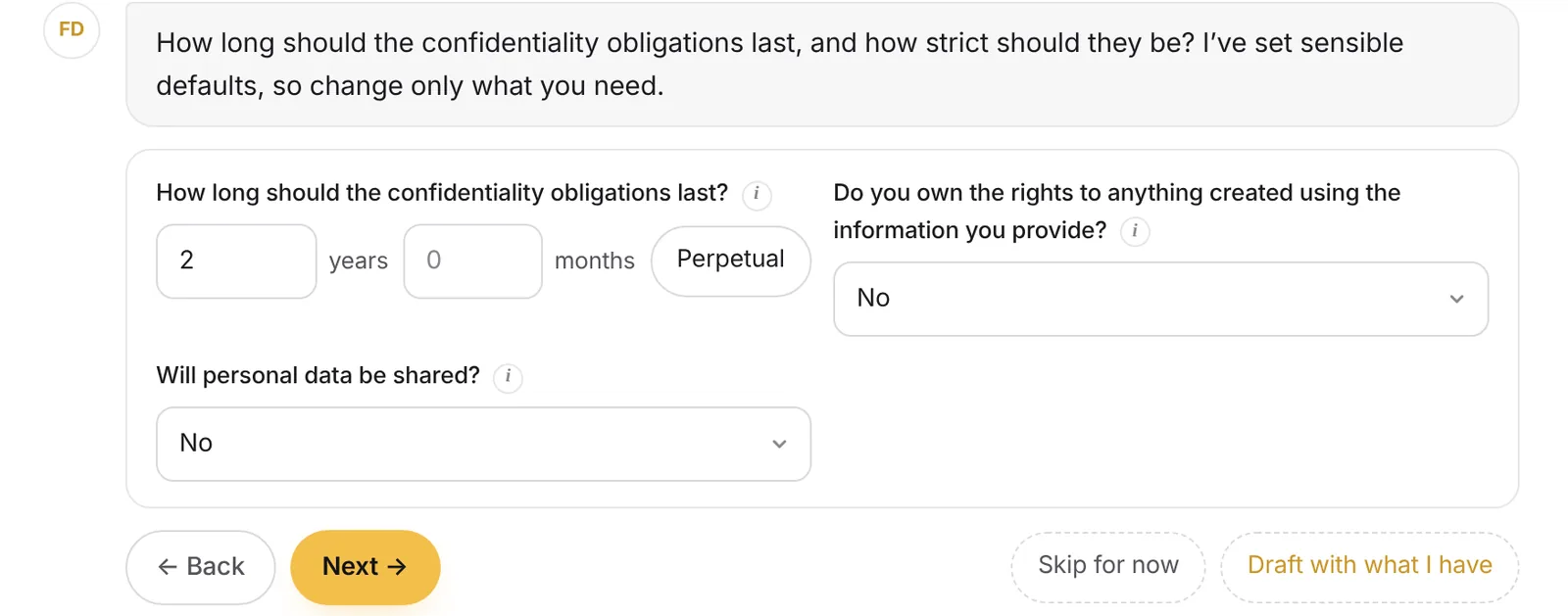 FD AI's duration step, with fields for years and months, a Perpetual option, an ownership question and a personal data question