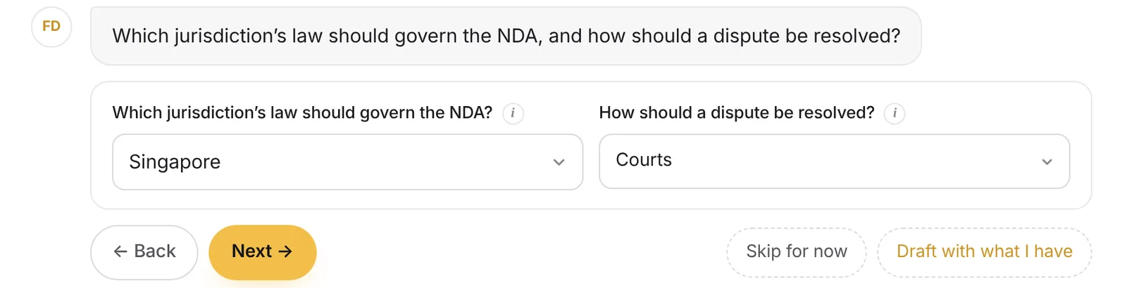 FD AI's law and disputes step, with Singapore selected as the governing law and Courts as the way disputes are resolved