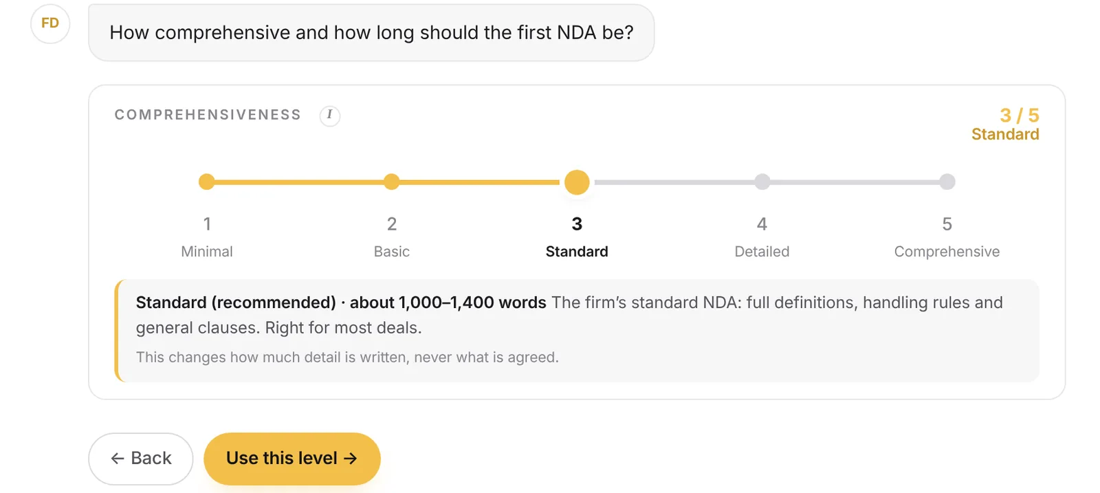 FD AI's comprehensiveness slider from 1 Minimal to 5 Comprehensive, set to 3 Standard, about 1,000 to 1,400 words