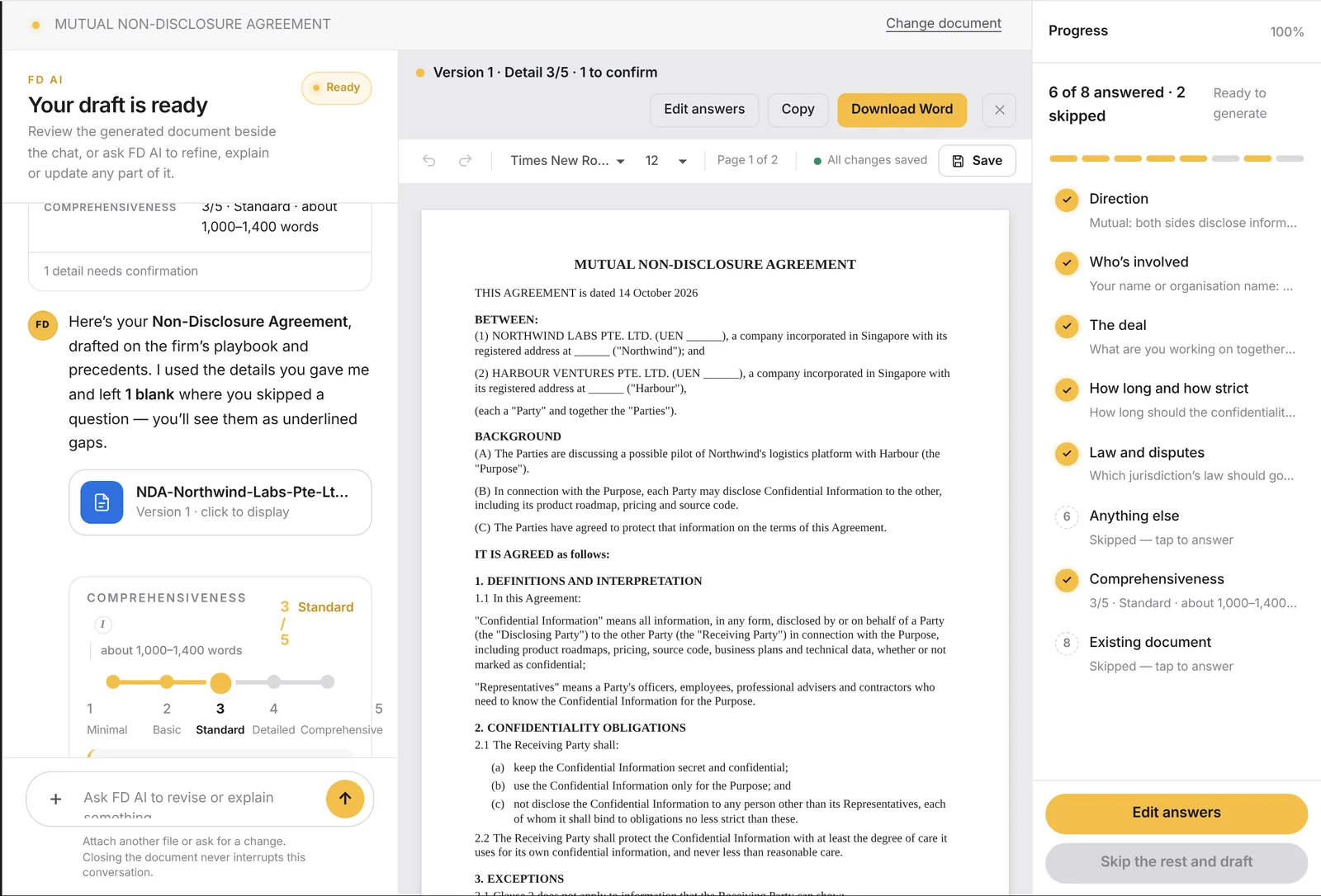 A finished mutual non-disclosure agreement in FD AI's editor, with the chat on the left, a Download Word button above the document and the progress panel on the right
